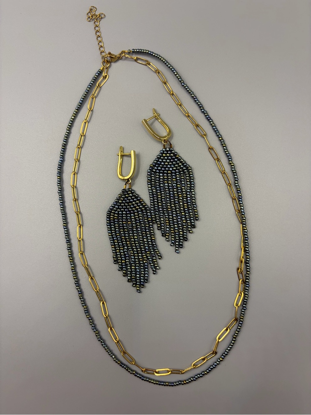 Gold & Gunmetal Beaded Fringe Necklace and Earring Set